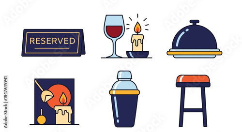 Restaurant Icons: Reserved Sign, Wine Glass, Candle, Food Cloche, Shaker, Stool