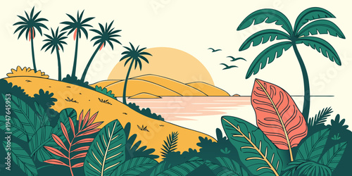 A tropical landscape with palm trees and a sunset Vector