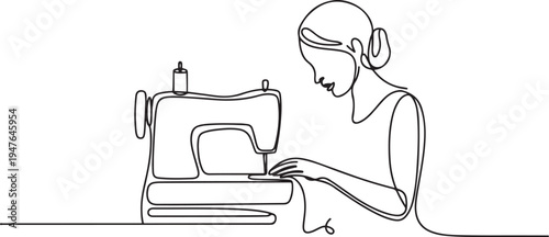 woman using sewing machine. one line art icon drawing vector
