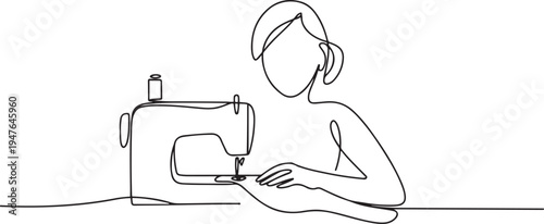 woman using sewing machine. one line art icon drawing vector