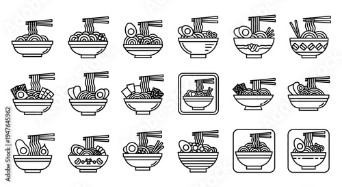 Ramen Noodles Icons Set: Japanese Food, Asian Cuisine, Delicious Meal Illustrations