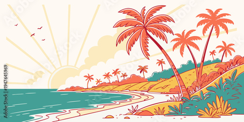 A tropical island with palm trees and a sunny beach Vector