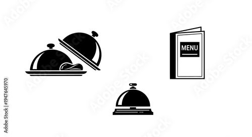 Restaurant Service Icons: Food Cloche, Menu, and Bell