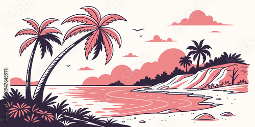 A pink and purple beach scene with palm trees Vector