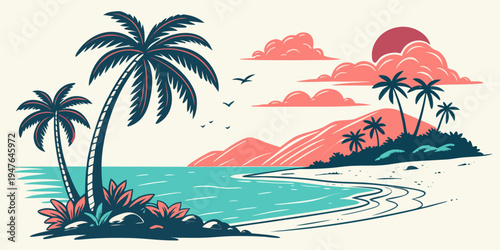 A tropical island with palm trees and a sunset Vector