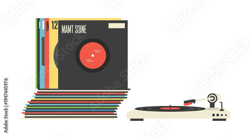 Stylized illustration of a vinyl record player with stacked records