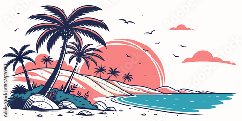 A tropical island with palm trees and a sunset Vector