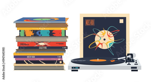 A stack of vinyl records beside a record player with abstract art