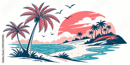 Tropical island with palm trees at sunset Vector