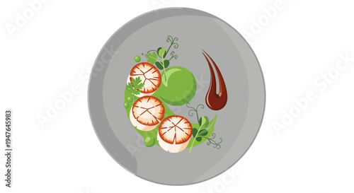 A modern plate presentation featuring seared scallops peas and vibrant greens