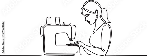 woman using sewing machine. one line art icon drawing vector