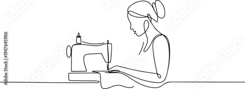 woman using sewing machine. one line art icon drawing vector