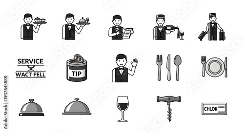 Restaurant Service Icons: Waiter, Food, Drinks, Tips, Table Setting