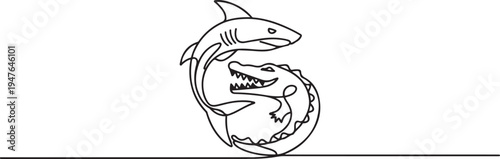 Taman surabaya, the shark and the crocodille as the symbol of bravery and fighter in Surabaya. one line art icon drawing vector