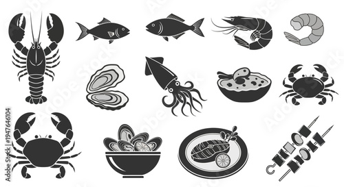 Seafood Assortment Icons: Lobster, Crab, Fish, Shrimp, Squid, Oysters, Mussels