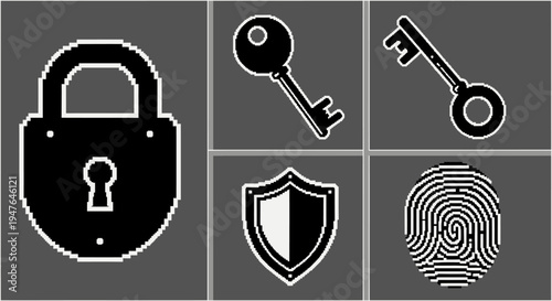Security Icons: Padlock, Keys, Shield, Fingerprint - Digital Protection Concept