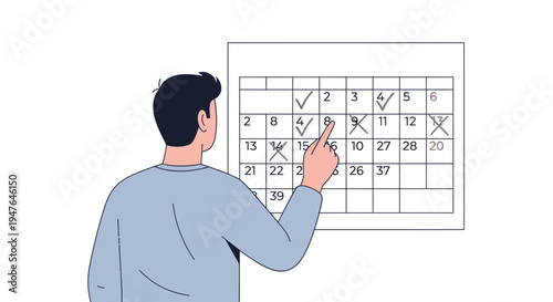 Man pointing at a calendar marking important dates with checks and crosses