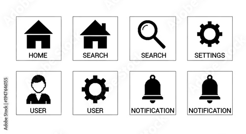 Set of 8 Black and White UI Icons: Home, Search, Settings, User, Notification