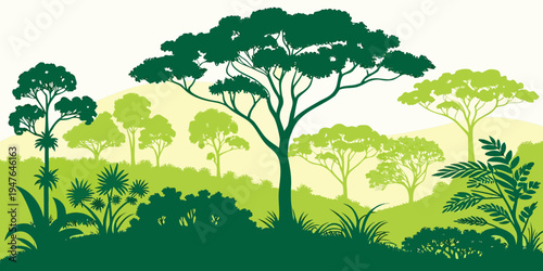 A forest landscape with trees and bushes in green hues Vector