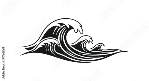 Stylized black and white illustration of a powerful ocean wave cresting