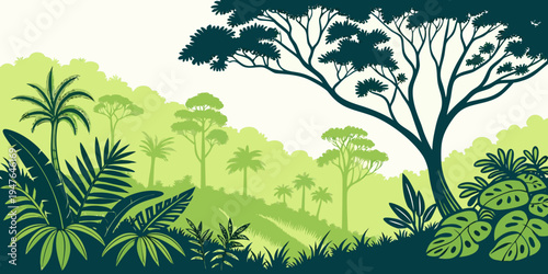 A lush green forest with trees and plants Vector