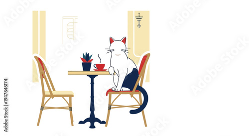 A white cat calmly sits at a cafe table with a cup of tea