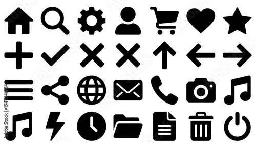 Set of Black UI Icons for Web and Mobile Apps: Design, Technology, Communication