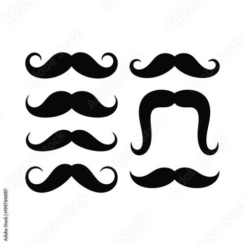 Set of black mustache icons showing different facial hair styles on white background