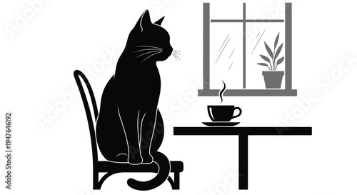 A black cat sits patiently by a window with a steaming cup