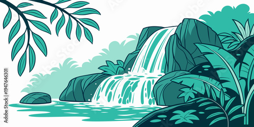 A serene waterfall surrounded by lush greenery and tropical leaves Vector