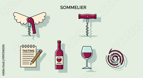 Sommelier Icons Set: Corkscrew, Wine Bottle, Glass, Tasting Notes