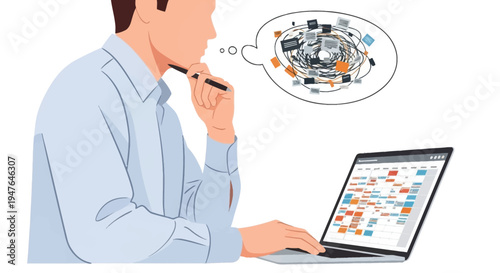 Man contemplating complex thoughts while working on a laptop computer