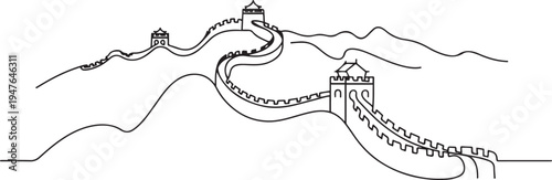 Great Wall of China. one line art icon drawing vector