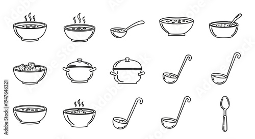 Soup Bowls and Ladles Icons Vector Set - Kitchen Utensils and Food Graphics