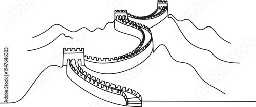 Great Wall of China. one line art icon drawing vector