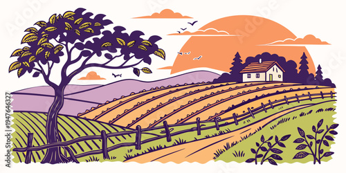 A farm with a tree and a house on a hill Vector