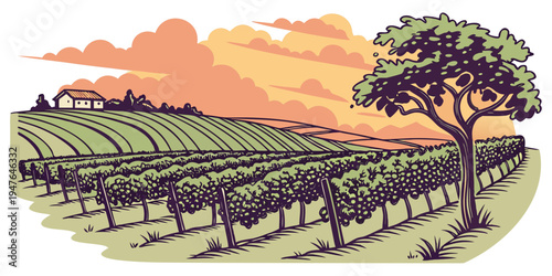 A pixel art illustration of a vineyard at sunset Vector
