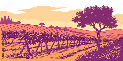 A pixel art illustration of a tree in a vineyard Vector