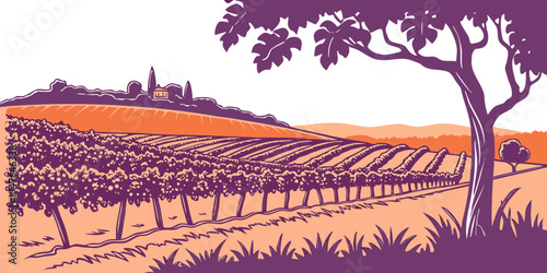 A purple and orange image of a vineyard with a tree Vector
