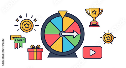 Spinning Wheel of Fortune with Rewards, Gifts, and Trophy