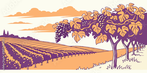 A purple and orange pixel art landscape of a vineyard Vector