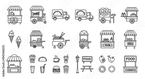 Street Food Icons: Carts, Trucks, and Snacks Collection