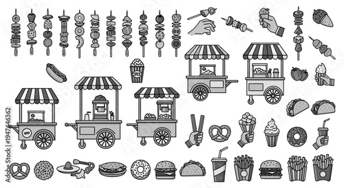 Street Food Icons: Kebab, Hot Dog, Burger, Fries, Tacos, Ice Cream & Carts