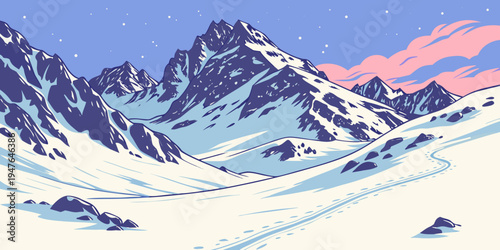 Snowy mountain range with pink clouds at sunset Vector