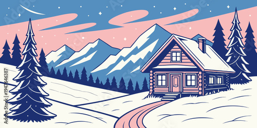 A house in a snowy landscape with mountains in the background Vector