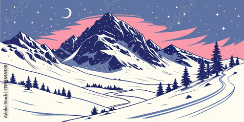 A snowy mountain landscape under a starry night sky Vector