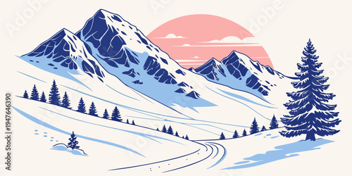 Snowy mountain landscape with pine tree Vector