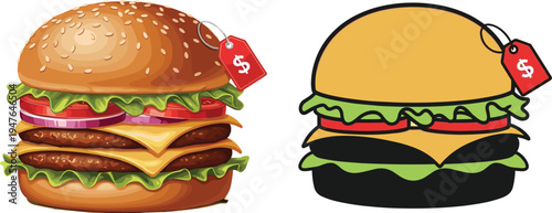 Cheeseburger illustration set with price tag featuring fast food burger with lettuce tomato cheese beef patty vector design collection
