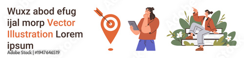 Navigation, geolocation, technology, planning, communication, exploration. Target on location pin, person holding tablet man on bench. Navigation and geolocation concept