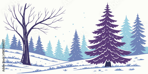 A purple pine tree in a snowy forest with a leafless tree Vector